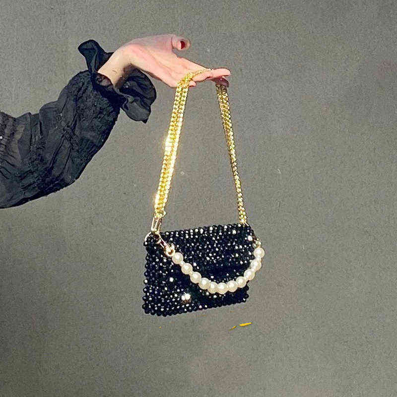 Evening Bags Customized Summer Bead Beach for Women 2022 Metal Golden Chain Design Handmade Woven Female Shoulder Bag Can Hold Phone 220513