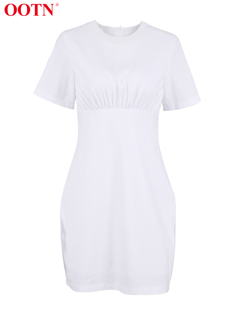 OOTN Summer Casual White Women Dress Short Sleeve O-Neck Black Solid Dress Ladies Elegant High Waist Cotton Linen Dresses 220511