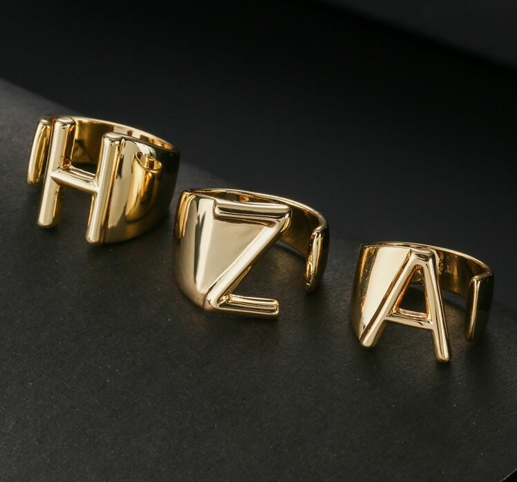 Hollow A-Z Letter Gold Color Metal Adjustable Opening Ring Initials Name Alphabet Female Party Chunky Wide Trendy Jewelry GC887
