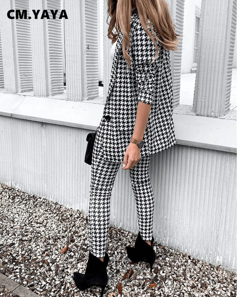 CM.YAYA Houndstooth Office Lady Pants Suit and Blazer Tops Matching Two 2 Piece Set Elegant Women Tracksuit Outfits Sweatsuit 220315
