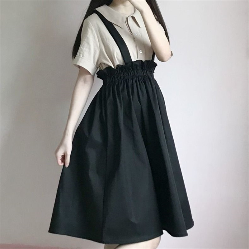 Spring Autumn Women Skirt Casual Sweet A-line Long s Solid Simplicity Strap Female Japan Style 220317
