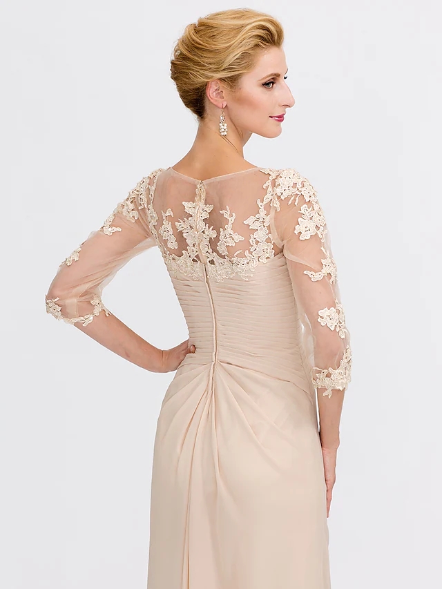 Champagne A-Line Mother of the Bride Dress 2025 Elegant V Neck Floor Length Chiffon Sheer Lace Half Sleeve Wedding Party Gowns