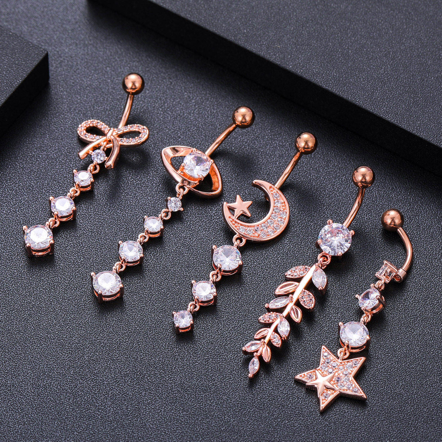 2022 Belly Button Ring Diamond Butterfly Dangle Navel Barbell Stud for Women Surgical Titanium Stainless Steel Rose Gold Cubic Zirconia Piercing Bling