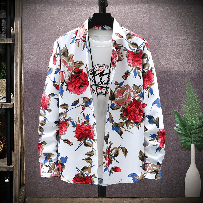 Men's Floral Print Shirts Long Sleeve Casual Flower Printing Polyester Thin Hawaiian Slim Fit Dress Shirt Men Clothing 220322