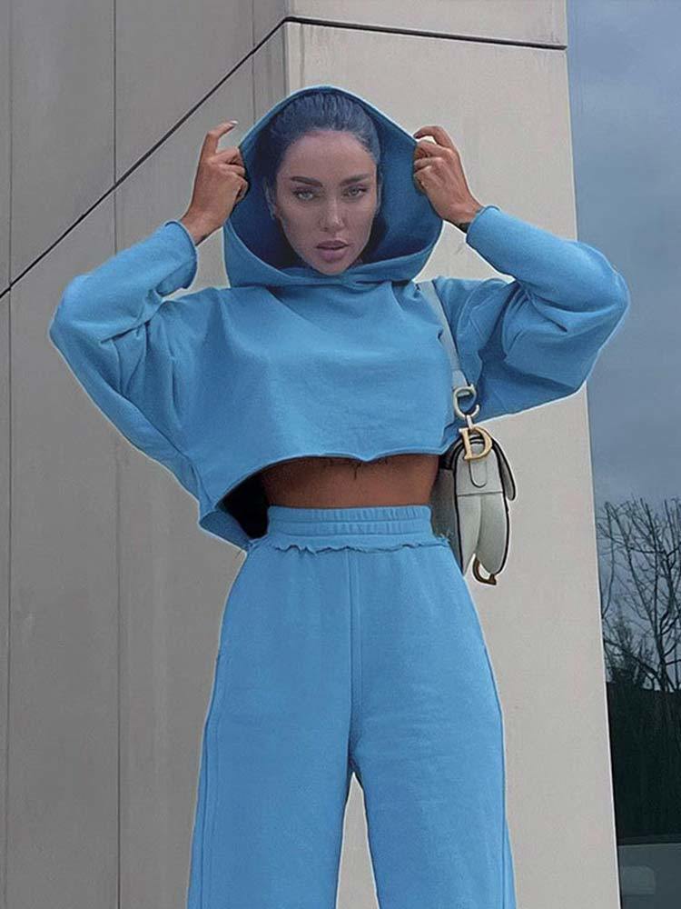 Autumn Women Blue Suits Casual Long Sleeve Sweat Shirt High Waist Slit Trousers Sports Outfits Female Hooded 2 Peice Set 220817