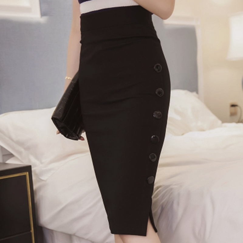 Plus Size Fashion Women Work Midi Skirt OL Sexy Open Slit Button Slim Pencil Elegant Office Ladies s Red Black 220317