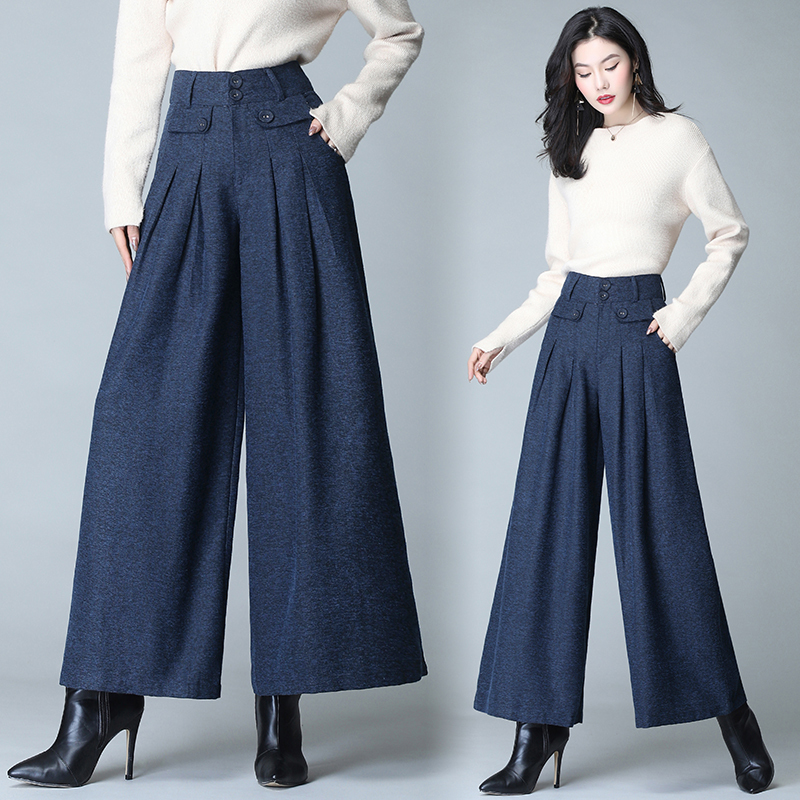 Autumn Winter Solid Color Woolen Pant Pleated Casual Skirt High Waist Loose Wool Wide Leg 660C 220325