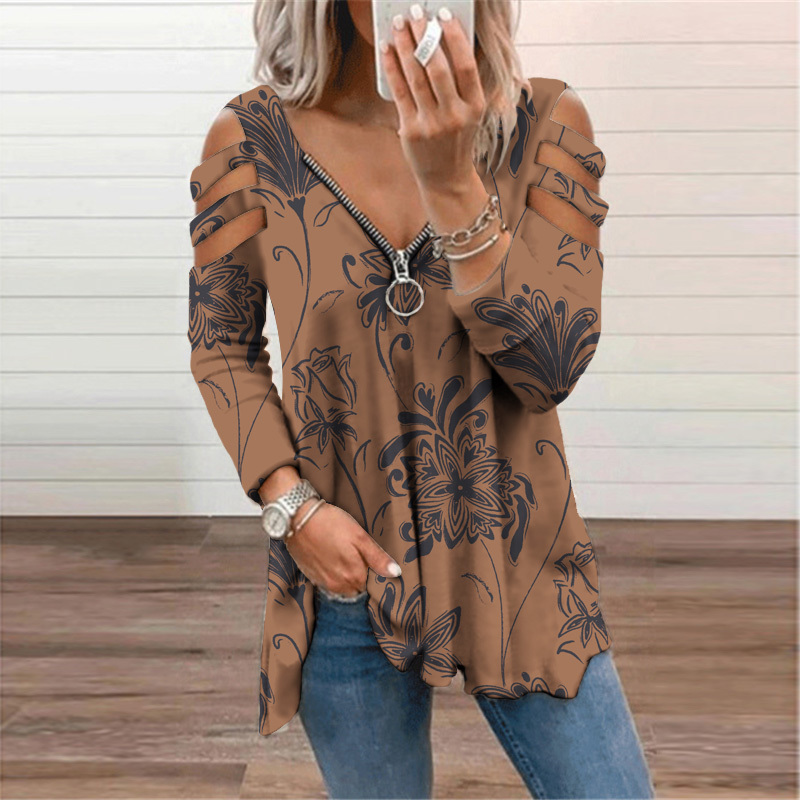 Fashion spaper Print T-Shirt Women's Clothing Autumn Street Casual Tee Shirt Ladie Zipper Vneck Tops Oversized Tunic 220321