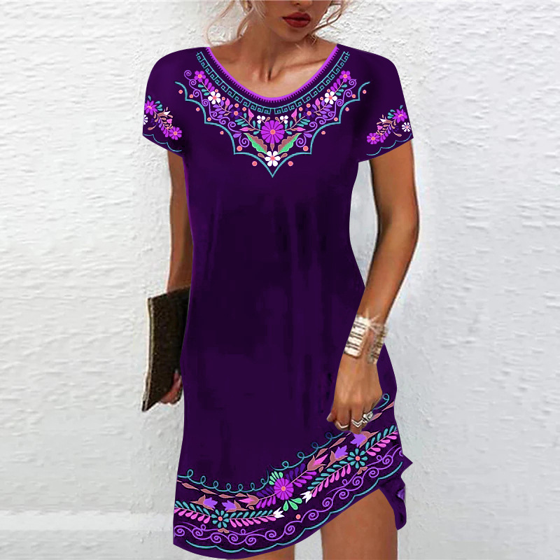 Women Casual Dresses Summer Floral Print Sundress Short Sleeve Loose Swing Shirt Dress
