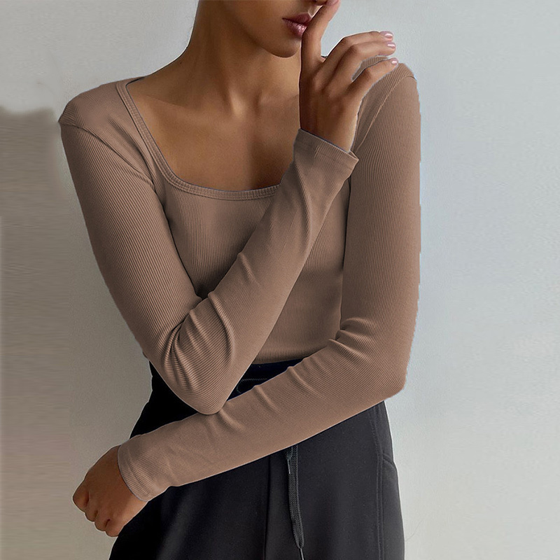 Y2K Square Neck Long Sleeve T Shirts Women Knitted Autumn Winter Black Ribbed Basic Top Female Sexy Casual Slim Shirt 220321
