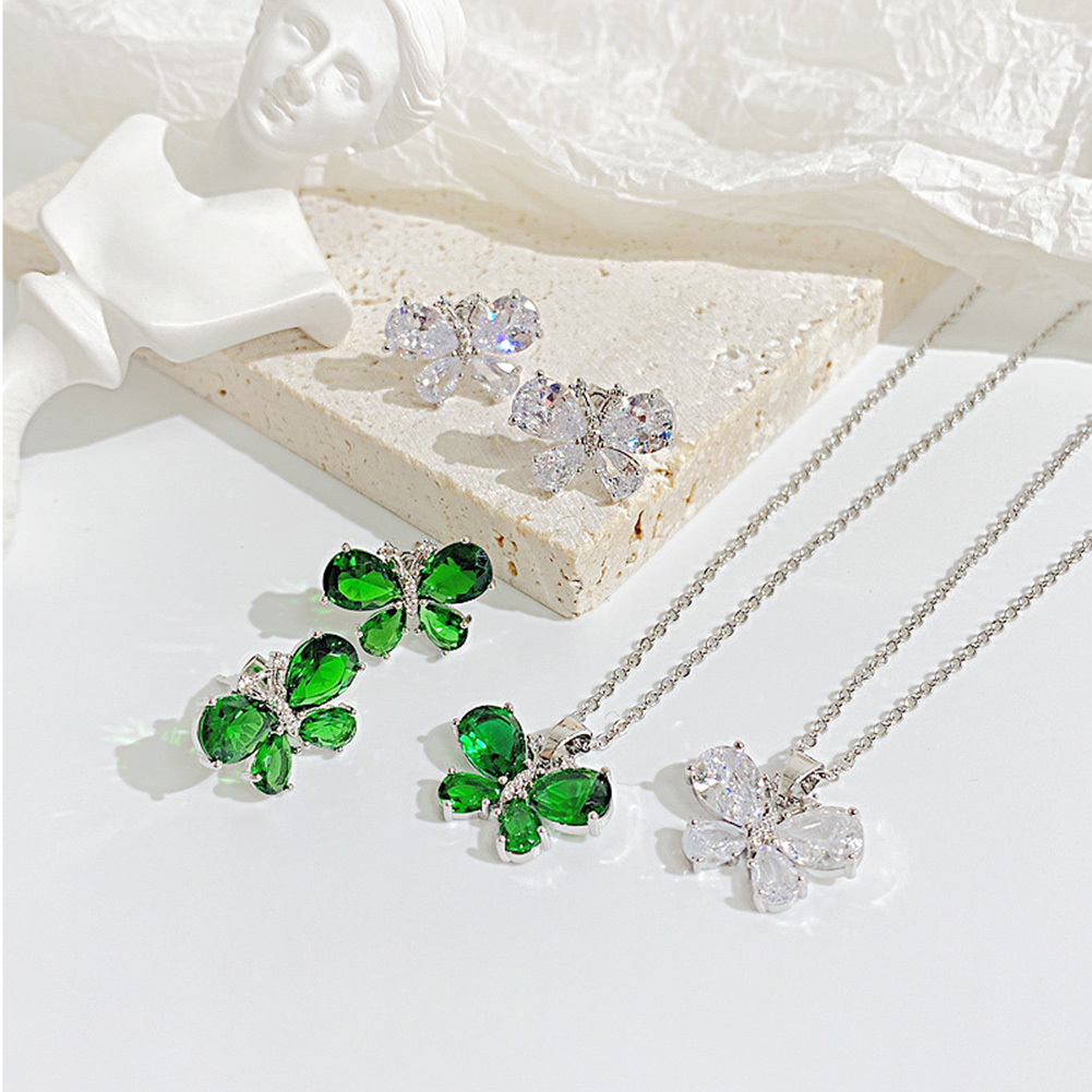 Crystal Butterfly Pendant Earrings & Necklace Titanium Steel Gold Plated Clavicle Chain for women Gift