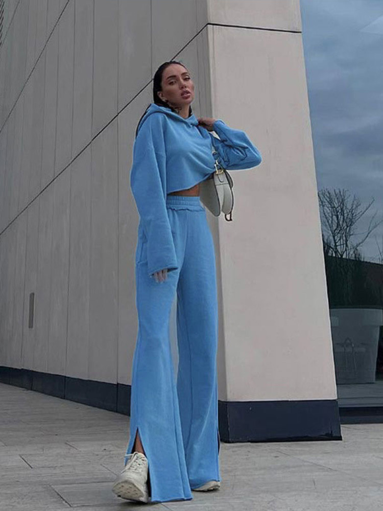 Autumn Women Blue Suits Casual Long Sleeve Sweat Shirt High Waist Slit Trousers Sports Outfits Female Hooded 2 Peice Set 220817