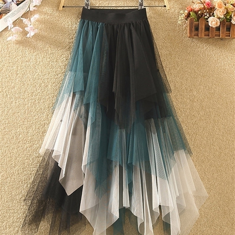 TIGENA Long Tutu Tulle Skirt Women Fashion Summer Korean Irregular Contrast Color High Waist Pleated Maxi Female 220317