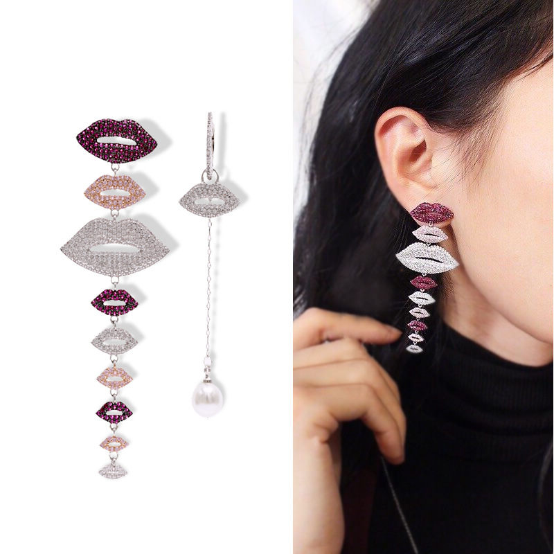 Asymmetry Lips Dangle Drop Earrings Bling Full Colorful Cubic Zirconia Jewelry Women Girl Gift