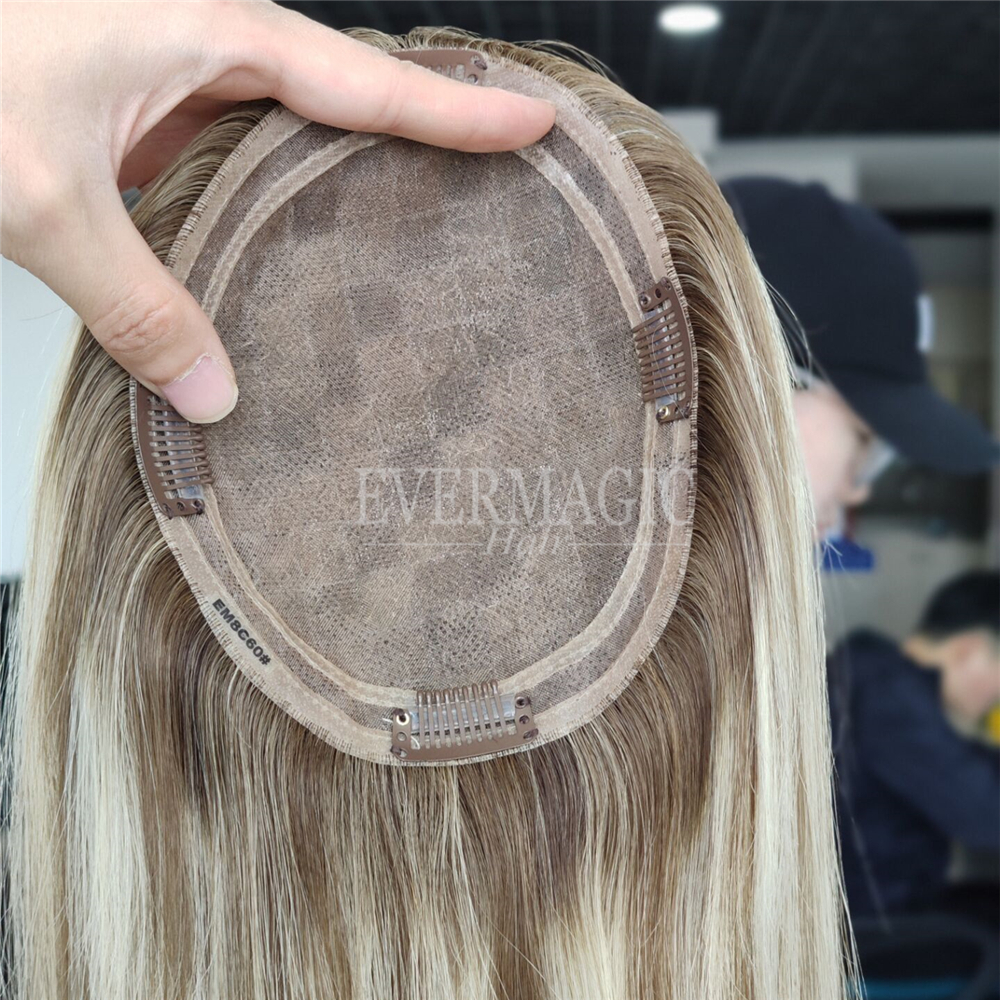 New Coming Stock Balayage Blonde Color Human Hair pieces Toppers Mono With Around Pu Base for hair loss Thinning Women