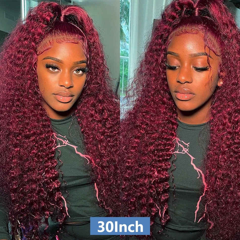 Free shipping 30 Inch 99j Bury Deep Wave 13x4 Lace Front Synthetic Wigs Silation Human Hair Red Colored Curly Frontal Closure Wig For Women