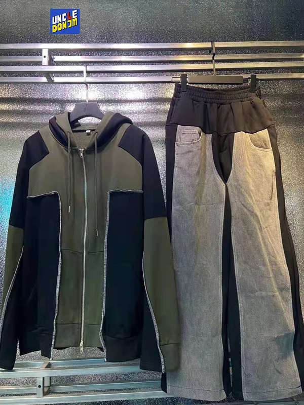 UNCLEDONJM Denim stitching baggy pants streetwear harajuku fashion sweat men loose Hip Hop punk trousers 220330