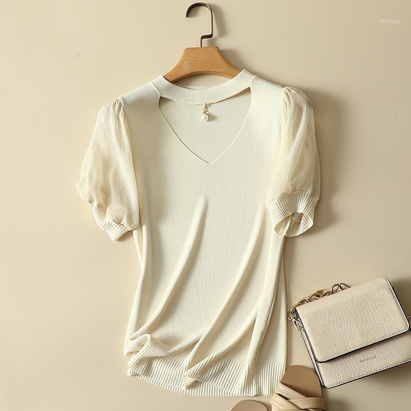 Women' T-Shirt Mesh Patchwork Knitted Women T-Shirts Summer 2022 Beaded V-Neck Solid Elastic Loose Short-Sleeved Office Lady Elegant Pulls, Black
Women' T-Shirt Mesh Patchwork Knitted Women T-Shirts Summer 2022 Beaded V-Neck Solid Elastic Loose Short-Sleeved Office Lady Elegant Pulls, Black