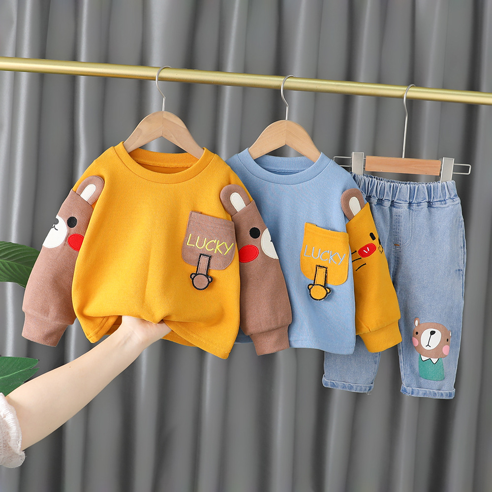 Spring Autumn Children Girls 2PCS Clothing Set Embroidery Cartoon Cotton Sweatshirts Jeans Pants Baby Girls Clothes Suit