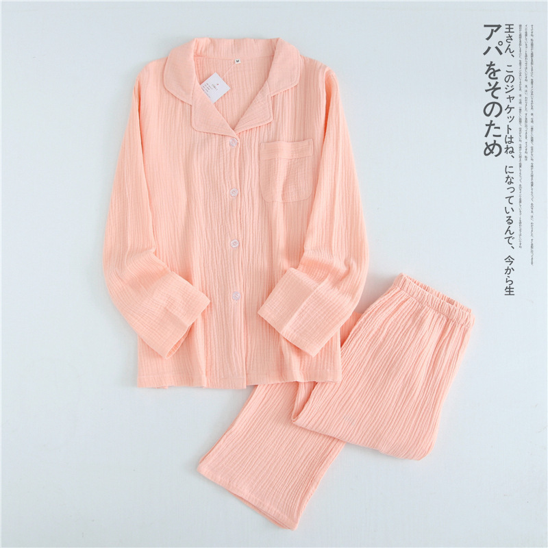 Japanese cotton crepe men's long-sleeved + trousers pajamas spring and autumn thin couple home service suit ladies 220329