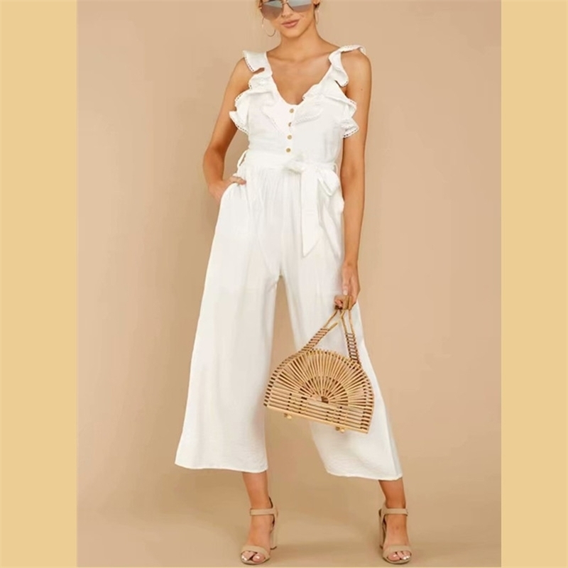 Sweet Women White V Neck Ruffles Jumpsuits Summer Fashion Ladies Sashes Rompers Female Beach Holiday 210515