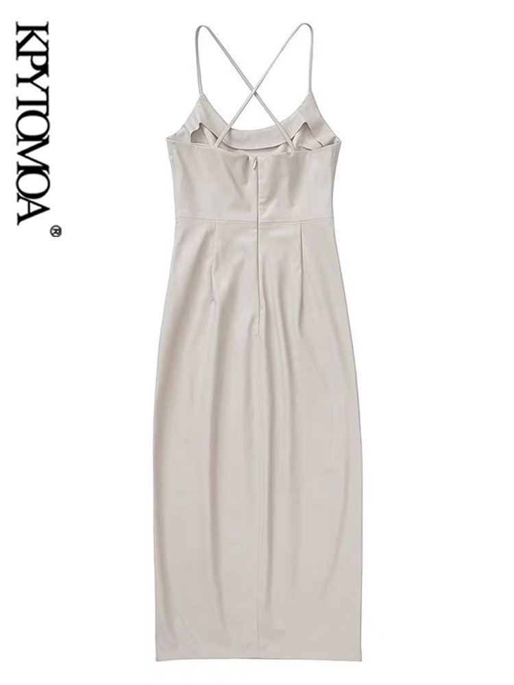 Women Fashion Front Slit Faux Leather Midi Camisole Dress Vintage Backless Zipper Thin Straps Female Dresses Mujer 220526