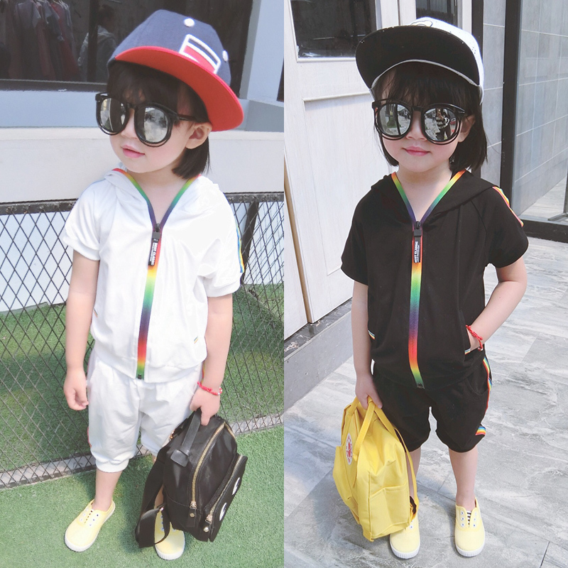 Kid Boy Girl Clothes Sportswear Summer Fashion Short Sleeve Colorful Zipper Hooded Clothing For Girls Children Outfit Set 220425