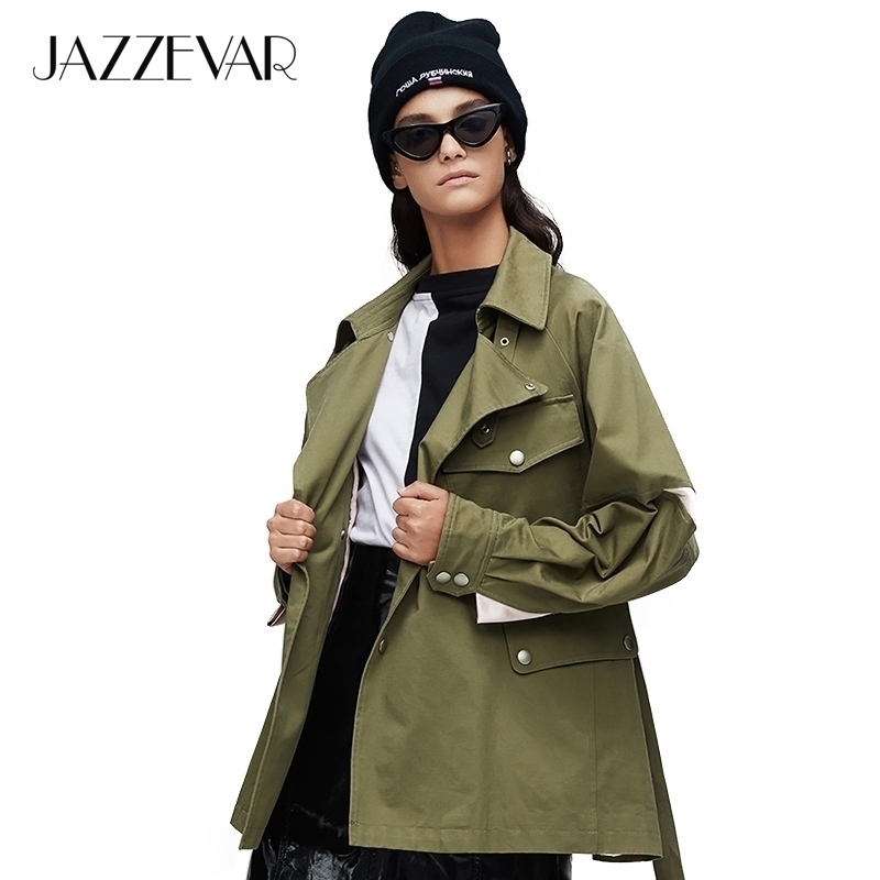 JAZZEVAR arrival autumn trench coat women green color fashion cotton double breasted short outerwear high quality90171 201030