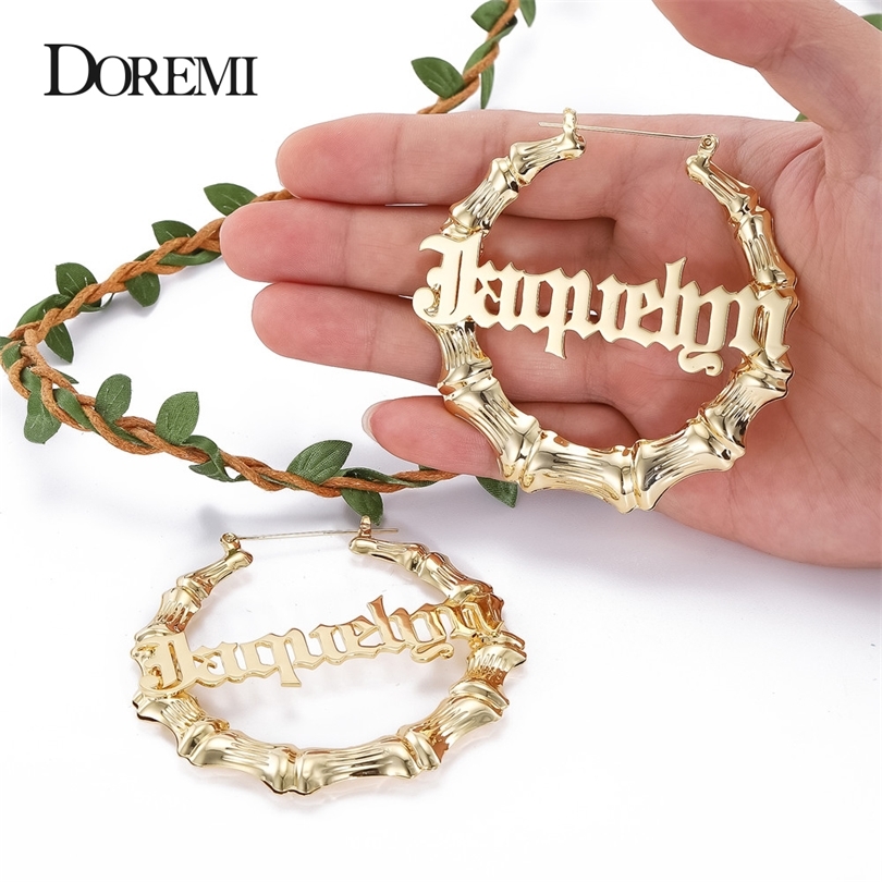 Bamboo Hoop Earrings Customize Name Earring Bamboo Style Custom Hoop Earrings With Statement Words Number 200923