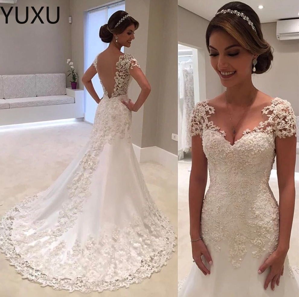 Lace Mermaid Wedding Dresses Elegant Sweetheart Tulle Appliques Bridal Gowns Sweep Train Sexy Backless Beach Vestidos De Noiva 403