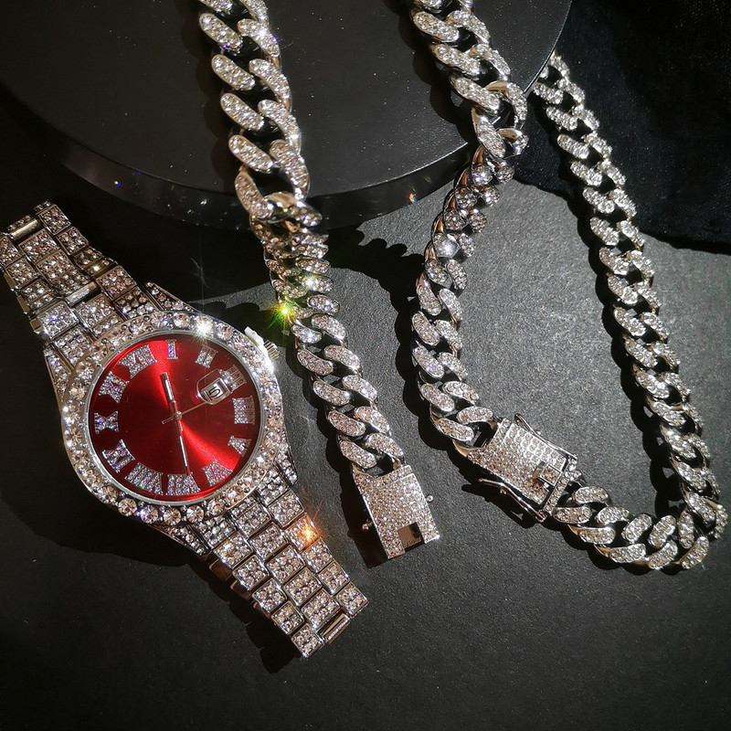 Full Iced Out Watch Mens Cuban Link Chain Bracelet Necklace Choker Bling Jewelry for Men Big Gold Chains Hip Hop Men Watch Set 220810