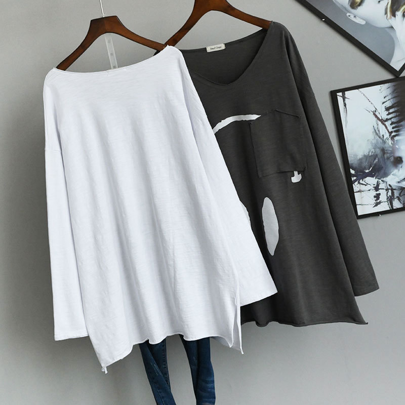 Spring Large Size Loose Long Sleeve T-shirts Woman Cotton V-neck Casual Style T Shirt Plus Base Women Oversize Tops 220321