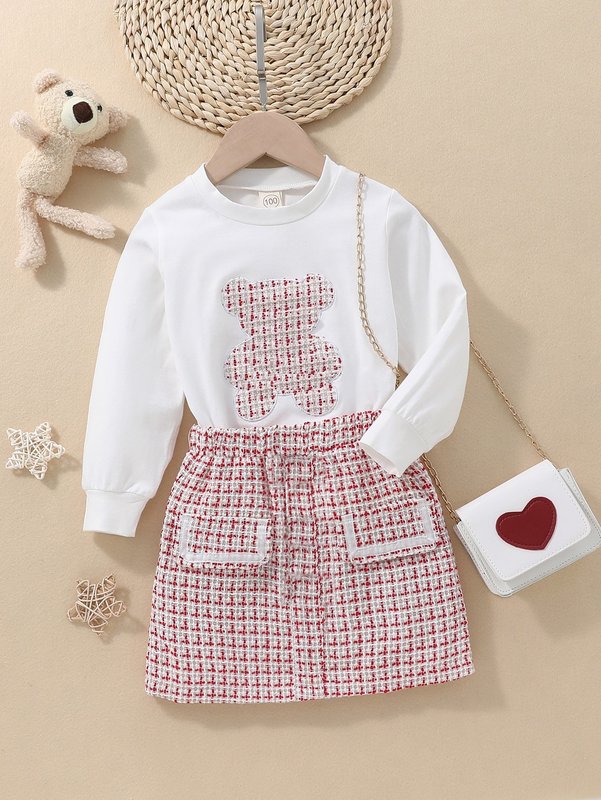 Toddler Girls Bear Embroidery Sweatshirt & Plaid Skirt SHE