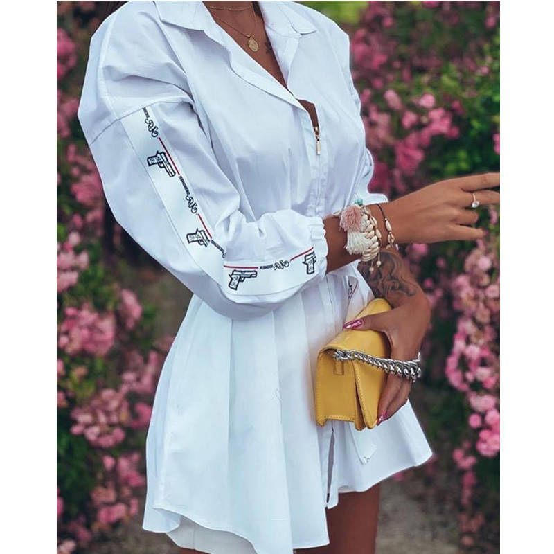 Women's Spring Dresses Autumn Letter Printed Shirts Lantern Sleeves Stitching Pleated Zipper Dress Blouse C260312