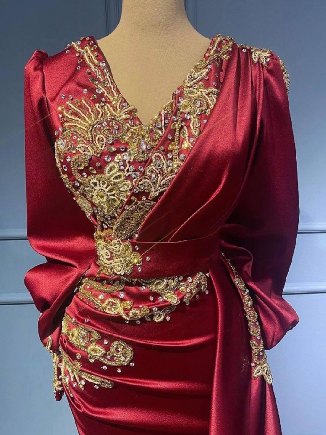Burgundy V Neck Satin Mermaid Evening Dresses Long Sleeves Gold Beaded Ruched Plus Size Prom Formal Party Second Reception Gowns