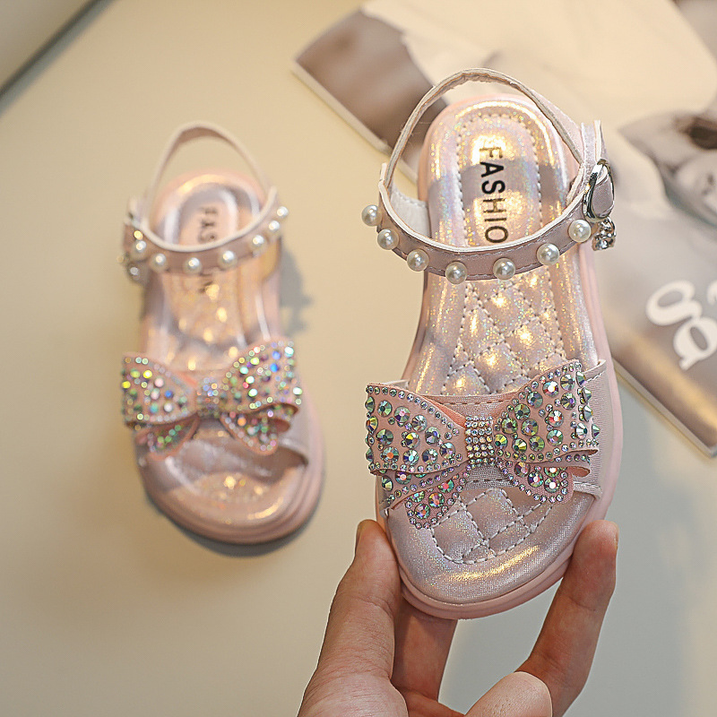 Size 26-36 Children Bowknot Pearl Princess Shoes For Girls Soft Sole Crystal Beach Shoes For Kids Girls Open-toe Light Sandals 220331