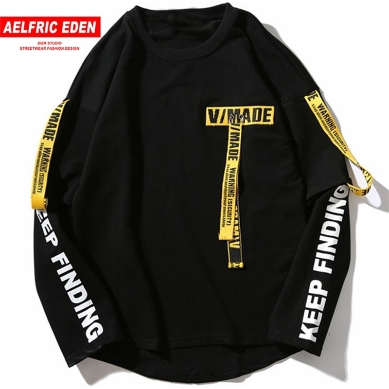 Aelfric Eden Hip Hop Pullover Sweatshirt Men Casual Ribbon Harajuku Sweatshirt Tshirt Cotton Long Sleeve T Shirt Tops Tees 201116