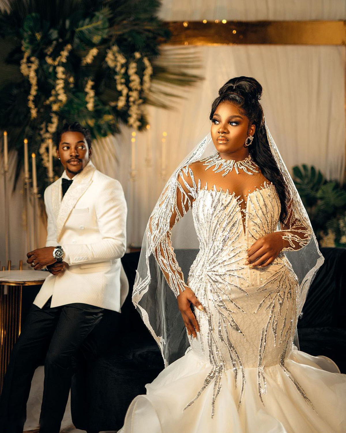 Plus Sexy Customized Size Mermaid Wedding Dress Sier Sequins Long Sleeve Bride Dresses Robe De Mariee Bridal Gowns Es 0914