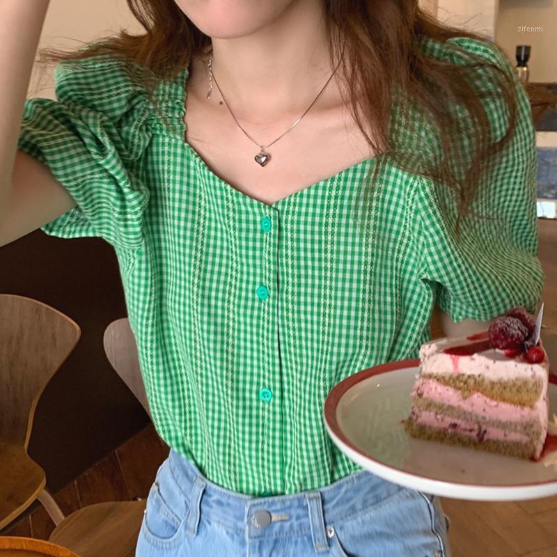 Women's Blouses & Shirts Korean Chic Summer Western Style Slimming Square Collar Contrast Color Plaid Single-Breasted Loose Puff Sleeve Shir, Green
Women's Blouses & Shirts Korean Chic Summer Western Style Slimming Square Collar Contrast Color Plaid Single-Breasted Loose Puff Sleeve Shir, Green