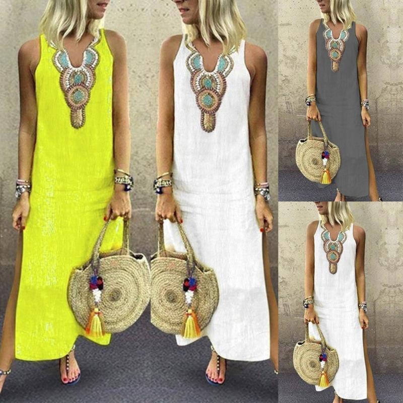 Casual Dresses Boho Women White Vintage Split Plus Summer Vacation Party Long Maxi Dress Sleeveless Sundress Kaftan