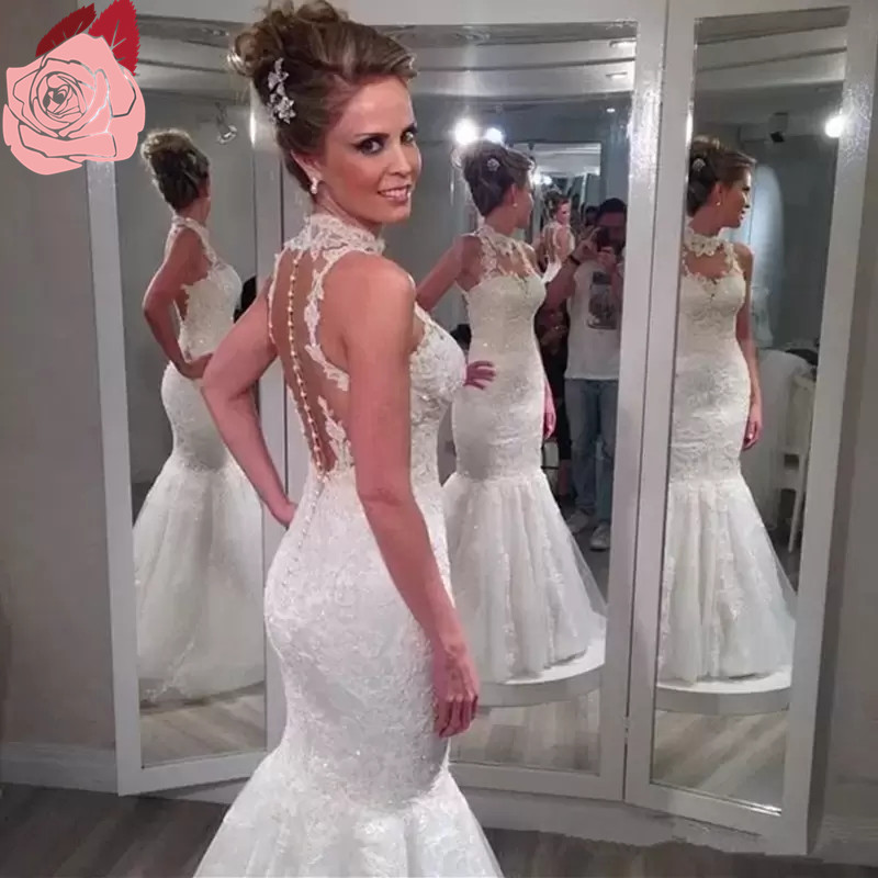 Bridal Gowns High Neck Lace Applique Sheer Back Sleeveless Mermaid Wedding Dresses Vestidos de Noiva Back Buttons