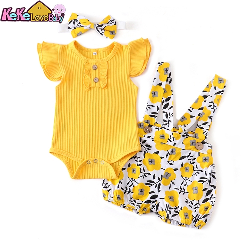 Baby Girl Summer Clothes Set Fashion born Infant Knitting Cotton Ruffles Romper Shorts Bow Headband 3Pcs For Toddler Outfits 220509