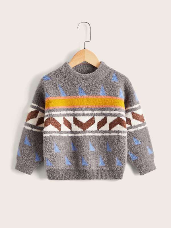 Toddler Boys Geo Pattern Fluffy Knit Sweater SHE01