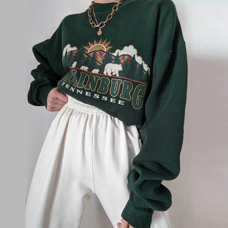 QWEEK Y2K Vintage Green Women Hoodies Oversize E Girl Aesthetic Print Sweatshirt Autumn 90s Street Pullover Long Sleeve Top 220324