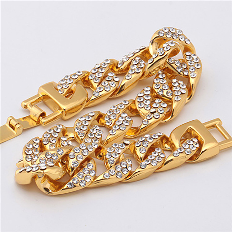 Hip hop Thick Gold Silver Diamond Bracelet Shiny Cuban Full Rhinestone Hand Chain Men's Bracelet Jewelry