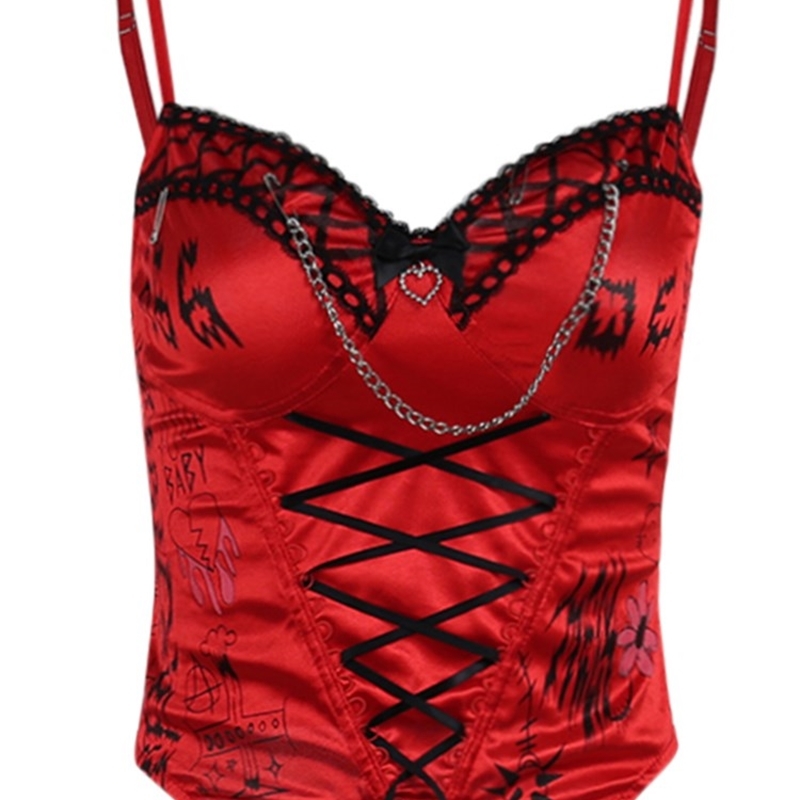 Chain Women Emo Cyber Y2k Corset Fairy Grunge Camis Red Lace Up Alt Crop Tops Punk Style Camisole Sexy Letter Print Bustier Goth 220316