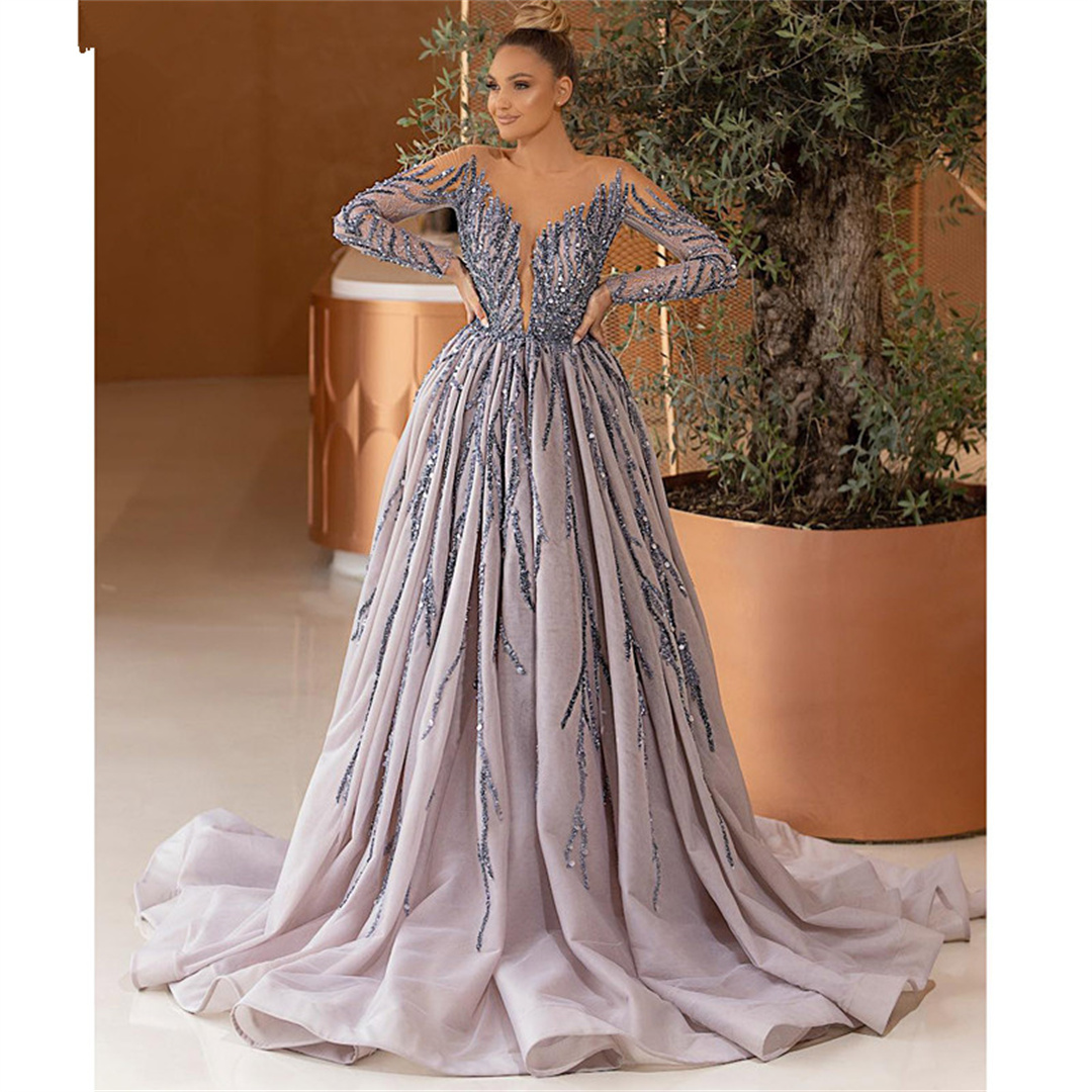 Charming Light Purple Prom Dresses Long Sleeves Sheer Neck Jewel Evening Dress Custom Made Lace Appliques Sequined Party Gown, Grape
Charming Light Purple Prom Dresses Long Sleeves Sheer Neck Jewel Evening Dress Custom Made Lace Appliques Sequined Party Gown, Grape
