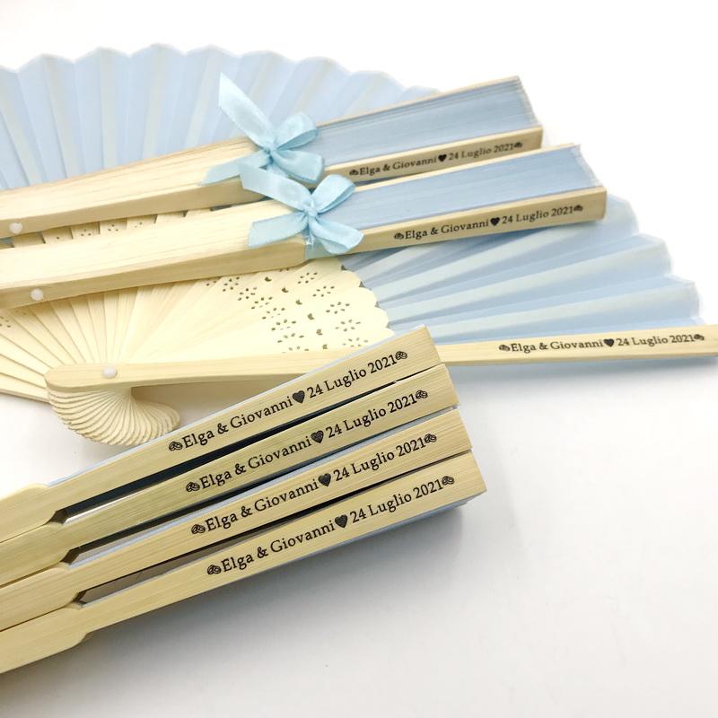 Light Blue Silk Fabric Hand Fan Customized Wedding Party Decoration Favors Small Foldable Fans Printing Text