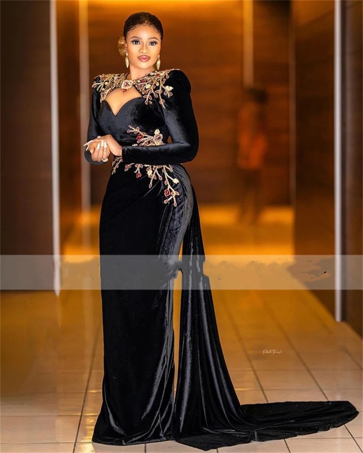Modern Aso Ebi Black Veet Mermaid Evening Dresses African Women Plus Size Formal Prom Party Gowns Robe De Soiree BC16333