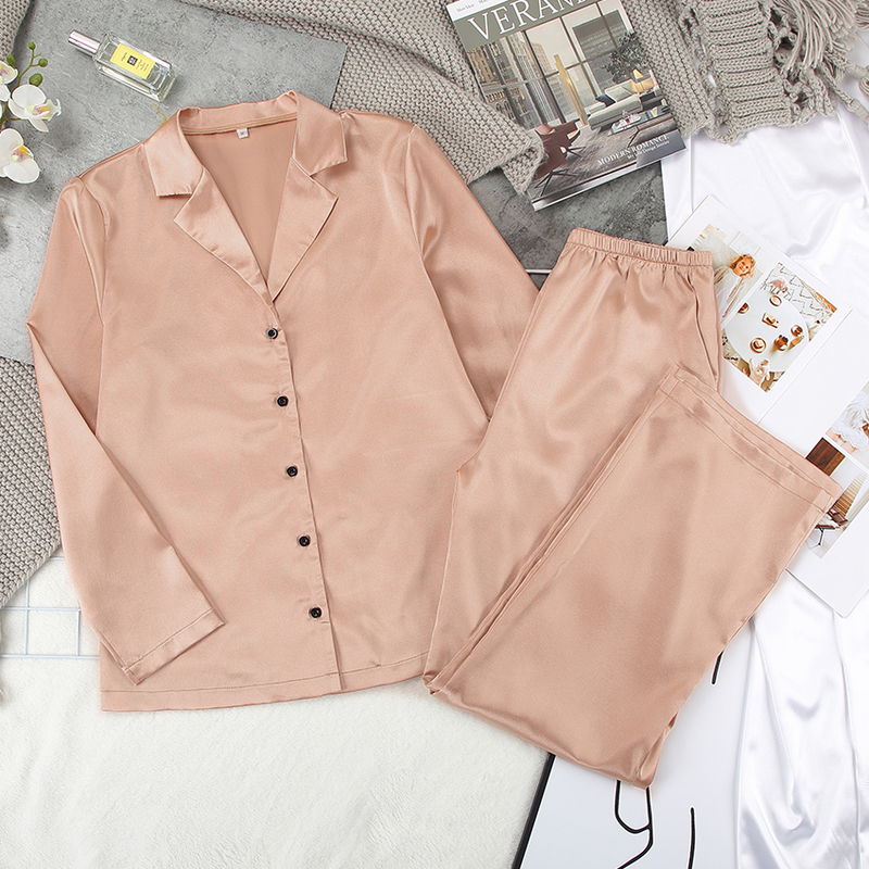 HiLoc Black Long Sleeve Home Suit For Women Sleepwear Satin Pyjamas Set Solid Basic Two Piece Top And Pants Spring Pjs 220329